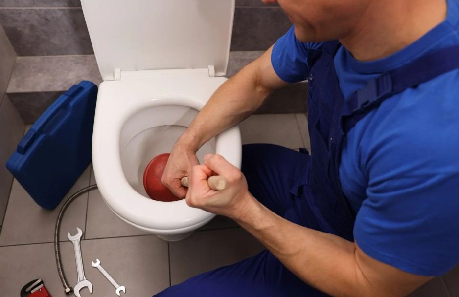 Técnico desatascando un inodoro obstruido por toallitas húmedas